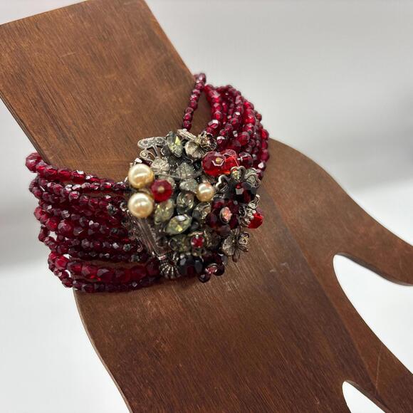 Vintage Signed EUGENE Haskell Multi Strand Ruby Beaded Bracelet Cluster Clasp - Picture 4 of 9
